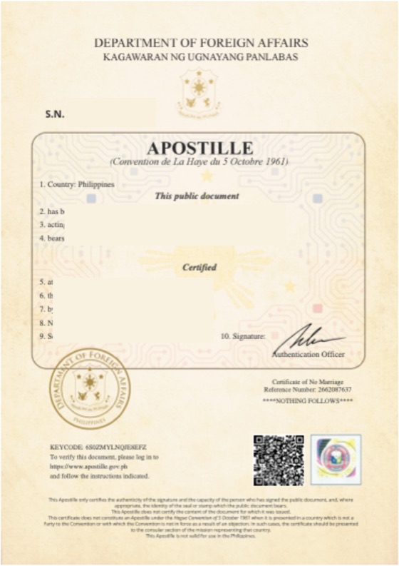Original Philippine Department of Foreign Affairs apostille certificate