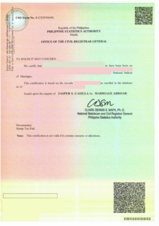 Original Philippine Statistics Authority Certificate of No Marriage