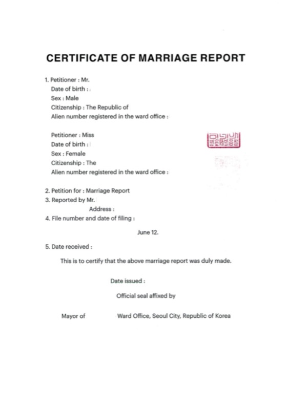 Certificate of Marriage Report, bilingual content